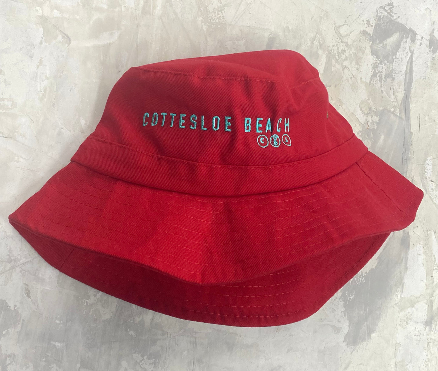 Red Bucket Hat - Aqua Text