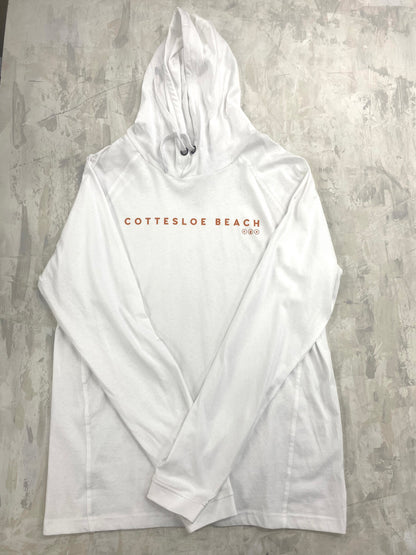 White Hooded T-Shirt - Orange Text