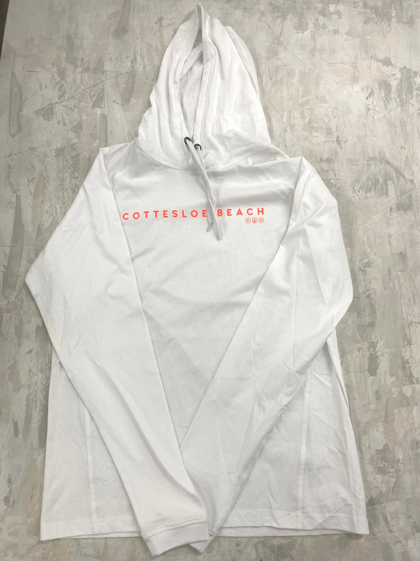 White Hooded T-Shirt - Orange Text