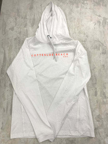 White Hooded T-Shirt - Orange Text