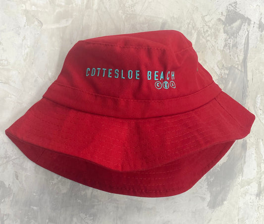 Red Bucket Hat - Aqua Text