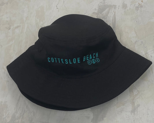 Black Bucket Hat - Aqua Text